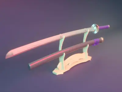 Low-poly Katana sword with sheath and display stand Low-poly 3D model