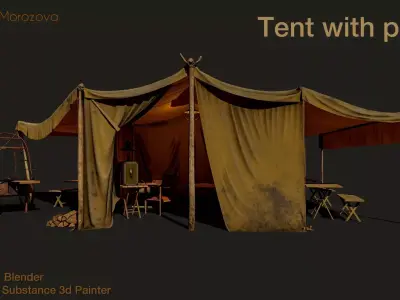 Camping tent with props Low-poly 3D model
