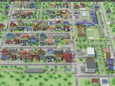 City Private houses Low-poly 3D model