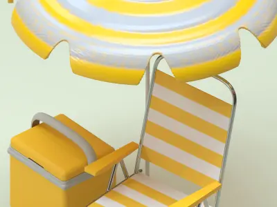 Beach set - striped sun-umbrella folding chair and cooler box 3D Low-poly 3D model