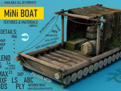 Wooden Mini Boat Low-poly 3D model