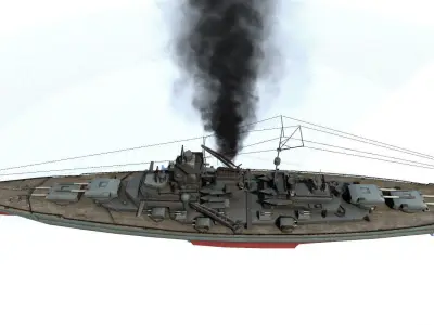 Bismarck ship with smoke Low-poly 3D model