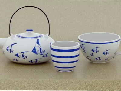 Chinese porcelain tea set with fish paints pattern 3D model