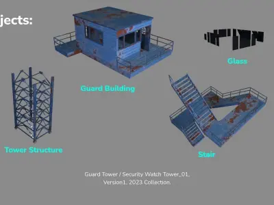 PBR Low Poly Guard Tower Security Watch Tower Blue Rusted Low-poly 3D model
