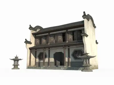 Two story residential buildings in ancient Asian architecture 3D model