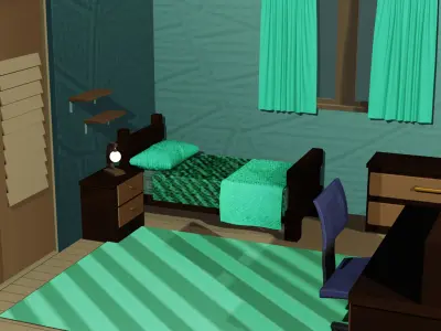 3D Model of a Cartoon-Style Youth Room with Wooden Furniture Free low-poly 3D model