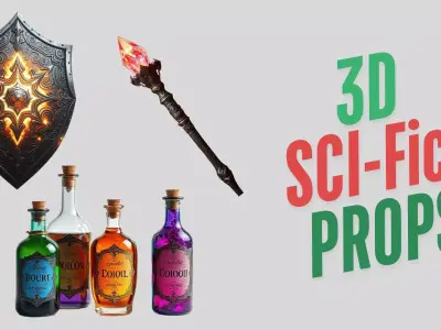 Pack of SciFi Fantasy Props Emblems Shields Potions High Poly Free 3D model