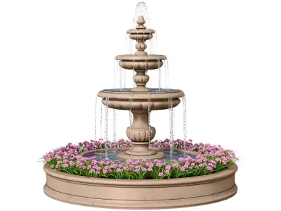 Classic garden travertine outdoor Fountain with flower bed 3D model