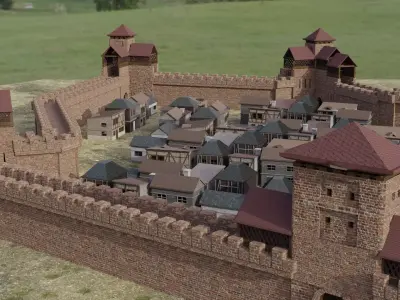 Castle Wall and village pack with interior Low-poly 3D model