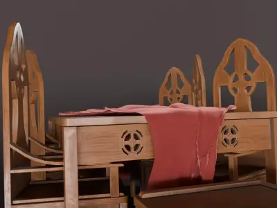 Medieval table and chair set with pbr textures 3D model