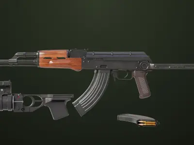 AKMS Light Machine Gun 10 Wood All PBR Unity UE Textures Low-poly 3D model