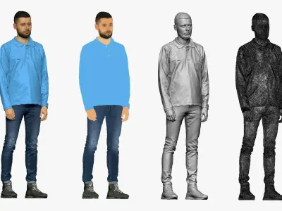 001296 man with beard in blue polo and jeans normal pose 3D model