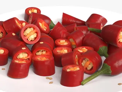 Sliced Chili Peppers with Seeds on Plate Red 3D model