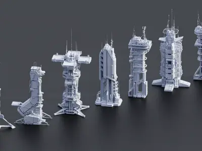Scifi Futuristic Military buildings PACK Low-poly 3D model