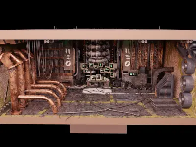 3d lowpoly Cyberpunk style dystopic computer room Low-poly 3D model