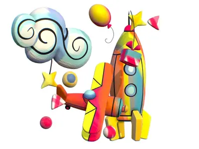 Cartoon 3D illustration Aircraft Rocket Toy Low-poly 3D model