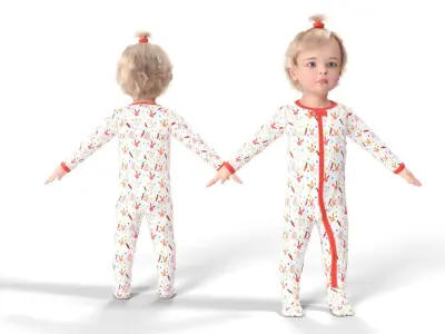 Baby Girl Wearing Full Bodysuit A-Pose Fur 3D model