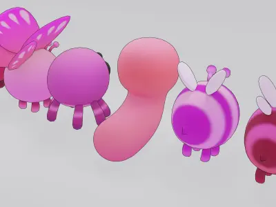 Cute Pink Bug Pack Low-poly 3D model