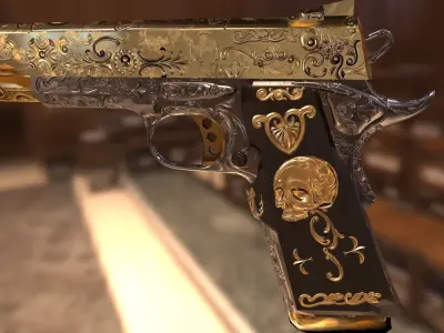 Pistol  Gun  Engraved Low-poly 3D model PBR glFT Low-poly 3D model