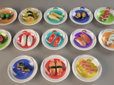 sushi belt Kaitenzushi and dishes Giapan seafood Low-poly 3D model