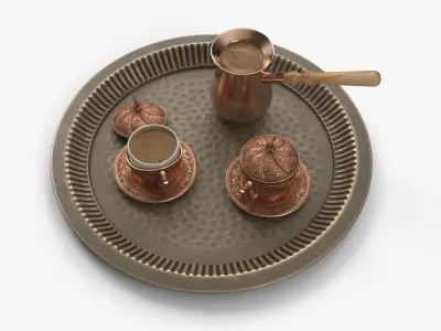 Turkish Embossed Coffee Cups and Cezve on Serving Tray 3D model
