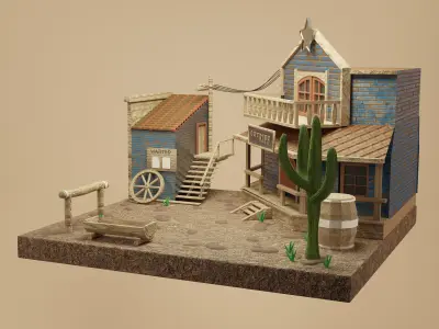 Western town with houes of the sheriff Low-poly 3D model