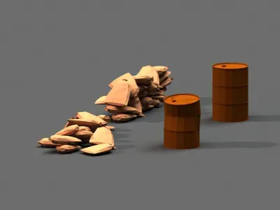 Post Apocalyptic Sandbags and Barrels Low-poly 3D model