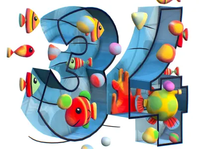 Cartoon 3D illustration Number 3 4 Fish Low-poly 3D model