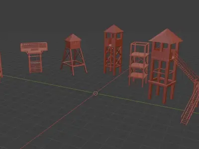 7 wooden towers Low-poly 3D model