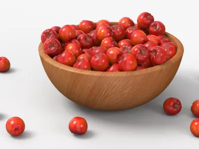 Acerola Fruit with Wooden Bowl Red 3D model