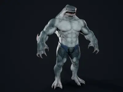 Sharkman creature with long arms and legs Low-poly 3D model