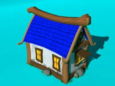 Blue house low-poly for mobile game Low-poly 3D model