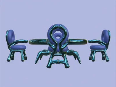 Futuristic Blue Dining Table Set with Unique Organic Chairs 3D model