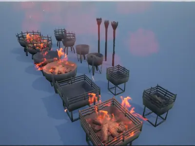Medieval Iron Firepit and Torch Low-poly 3D model