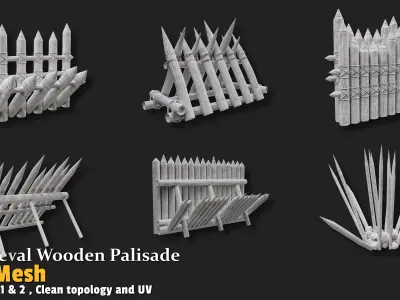 6 Medieval Wooden Palisade Pack Base Meshes 3D model
