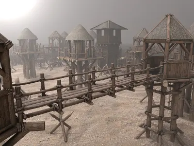 Medieval Wooden Castle Tower Fort Constructor PBR Low-poly 3D model