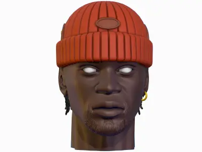 High Poly Male African American Head Warm Hat Low-poly 3D model