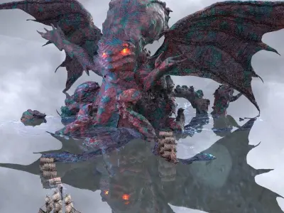 Cthulhu Great sea monster with Ships 3D model