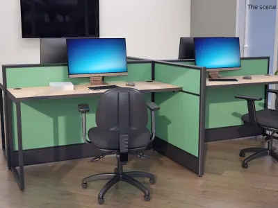 Four Desk Furniture Cluster with Office Chairs 3D model