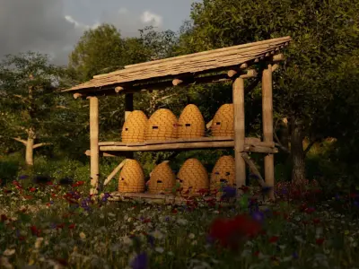 Medieval honey bee hive rack Low-poly 3D model