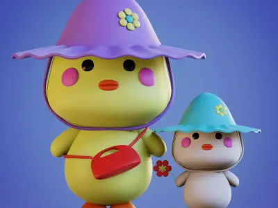 Cute little Duck with Duckling Low-poly 3D model