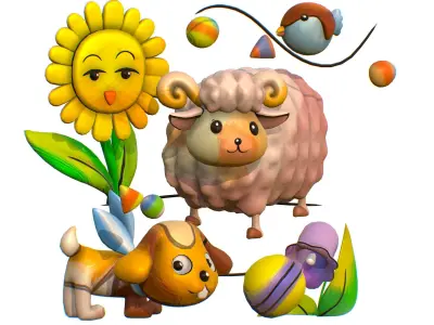 Cartoon 3D illustration Dog Sheep Sunflower Bird 3D model