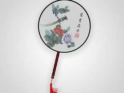 Chinese Traditional Palace Hand Fan - Flower and Bird Painting 3D model
