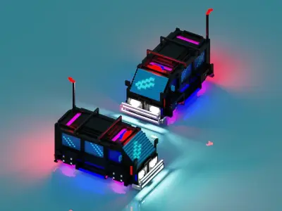Cyberpunk voxel Hovering police Van 3D model