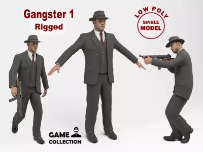 Gangster 1 man in suit with gun Low-poly 3D model