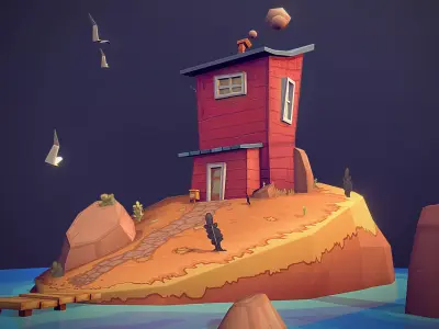 Low-poly Island house on in ocean Low-poly 3D model