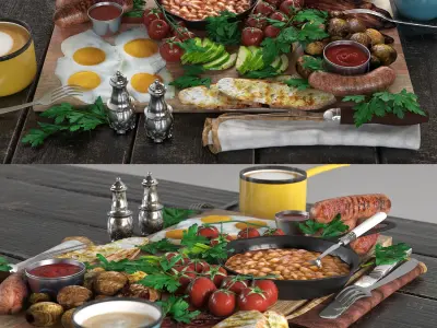 Full English Breakfast platter Low-poly 3D model