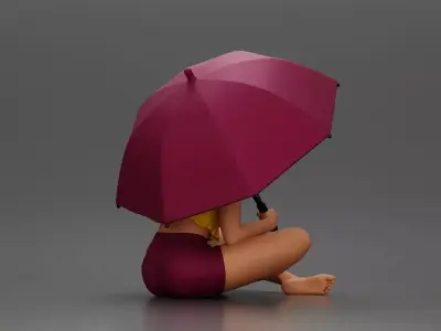 Girl with hair holding umbrella sitting in thoughtful pose 3D print model