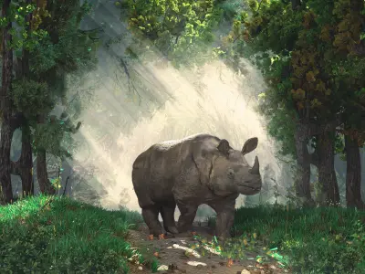 One horned Rhino Complete Scene Rigged 2 versions Low-poly 3D model