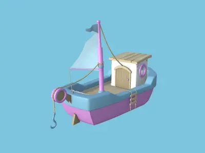 Cartoon Boat 05 - Pink Blue - Low Poly Ship Low-poly 3D model